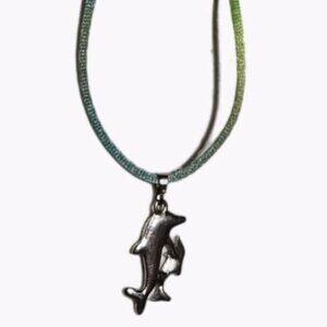 Double Dolphin Silver Tone Pendant Necklace Rainbow Cord Girls Costume Jewelry
